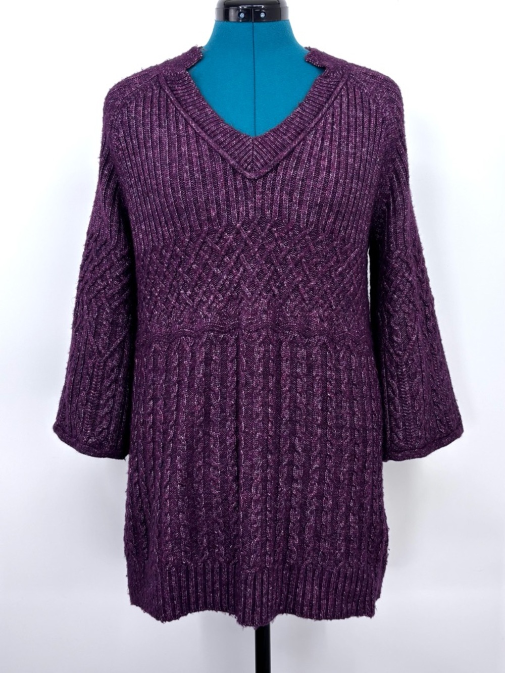 CAbi Chime Pullover # 4066, Mulberry Heather V-Neck Cable Knit Sweater, Medium